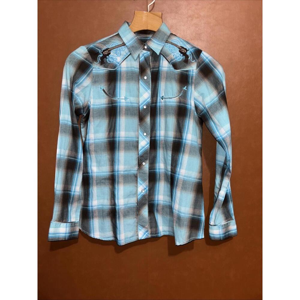 Roper Women's Turquoise/Brown PLAID WESTERN SHIRT w/ Snaps Size Medium Embroider